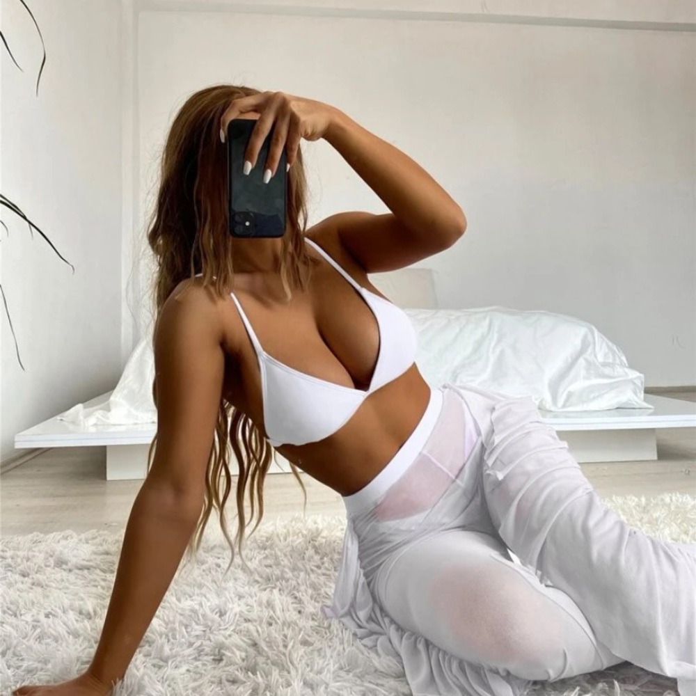 White high cut bikini with ruffle beach pants, never worn